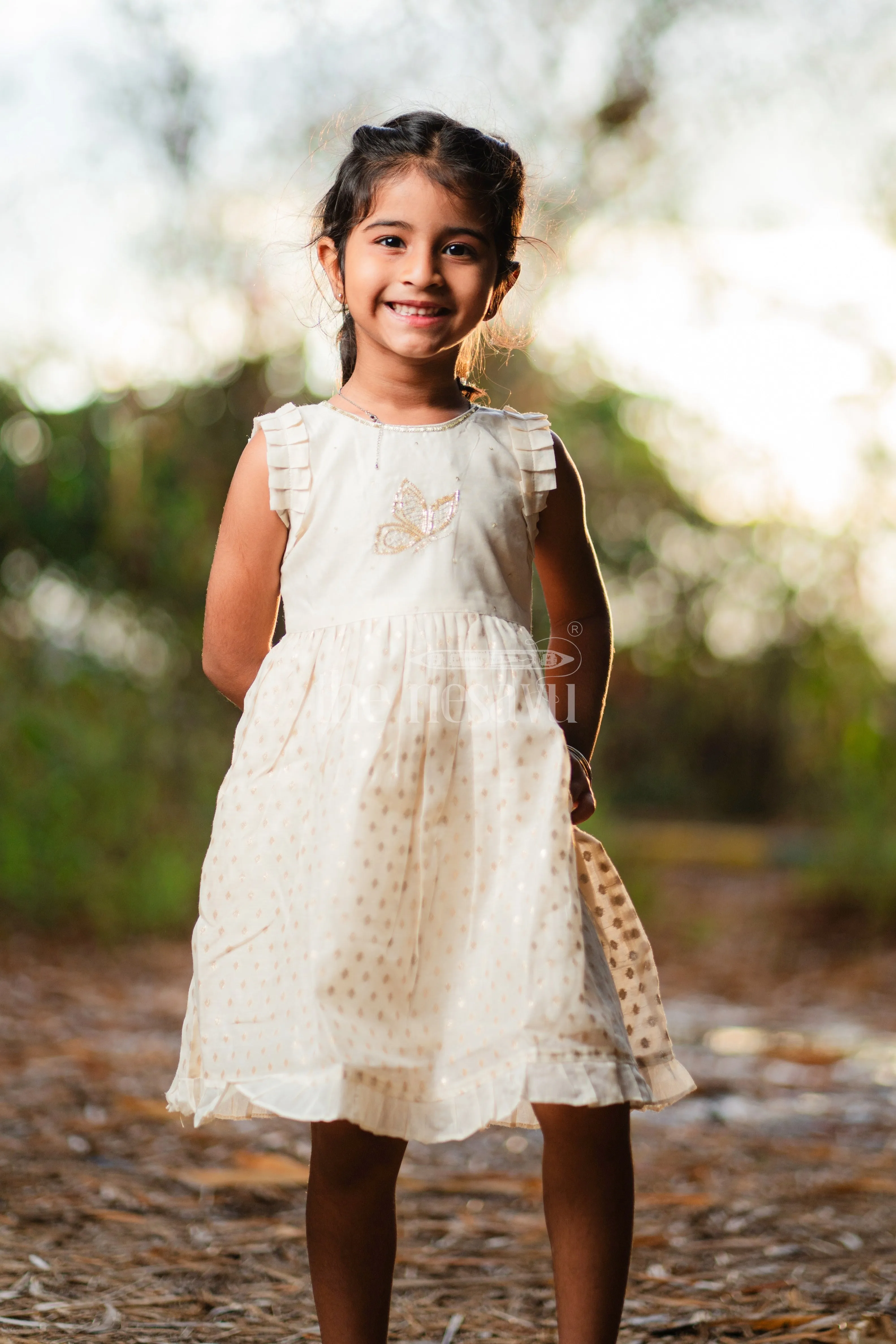 Baby Fancy Frock in Cream with Golden Accents and Ruffled Sleeves