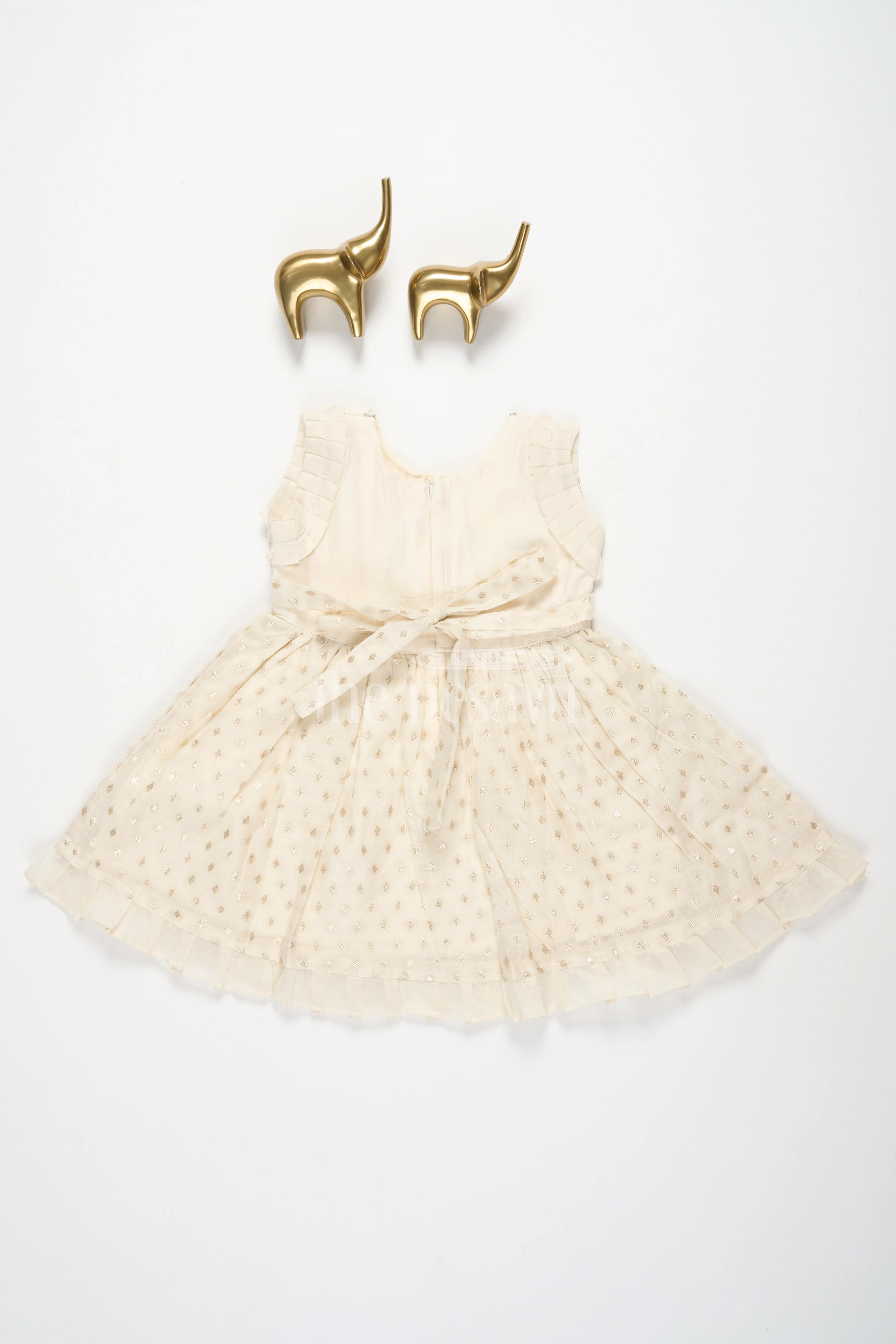 Baby Fancy Frock in Cream with Golden Accents and Ruffled Sleeves