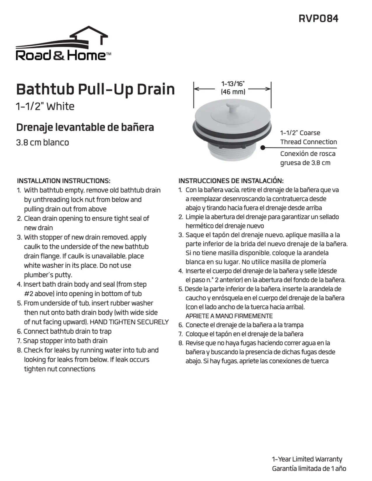 Bathtub Pull-Up Drain, White Finish