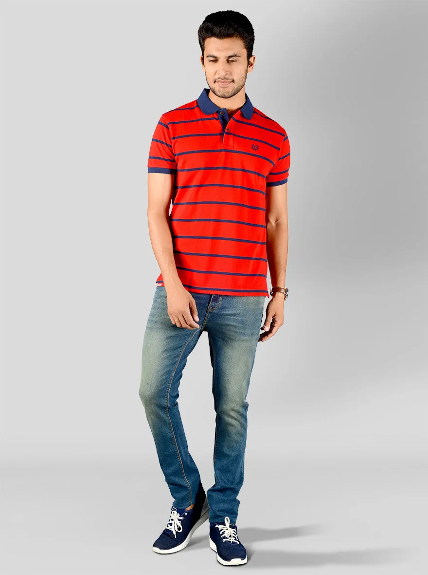 Cherry Tomato & Navy Blue Striped Slim Fit Polo T-shirt | Greenfibre