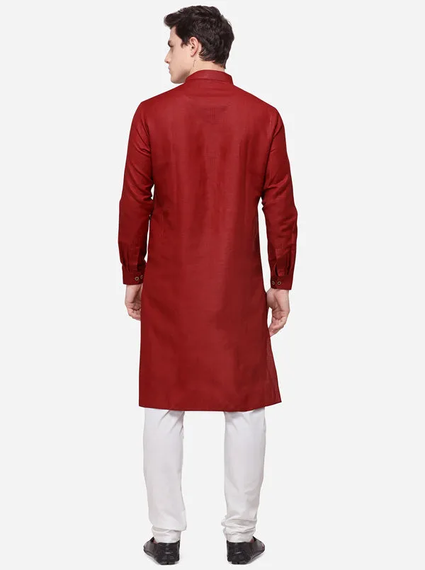 Chili Red Self Textured Regular Fit Modi Kurta | JadeBlue