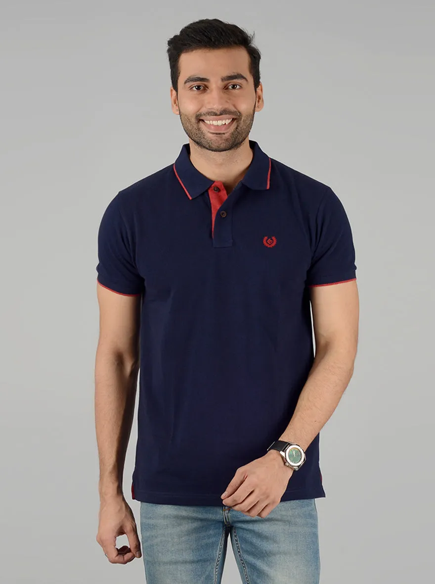 Dark Blue Solid Slim Fit Polo T-Shirt | Greenfibre