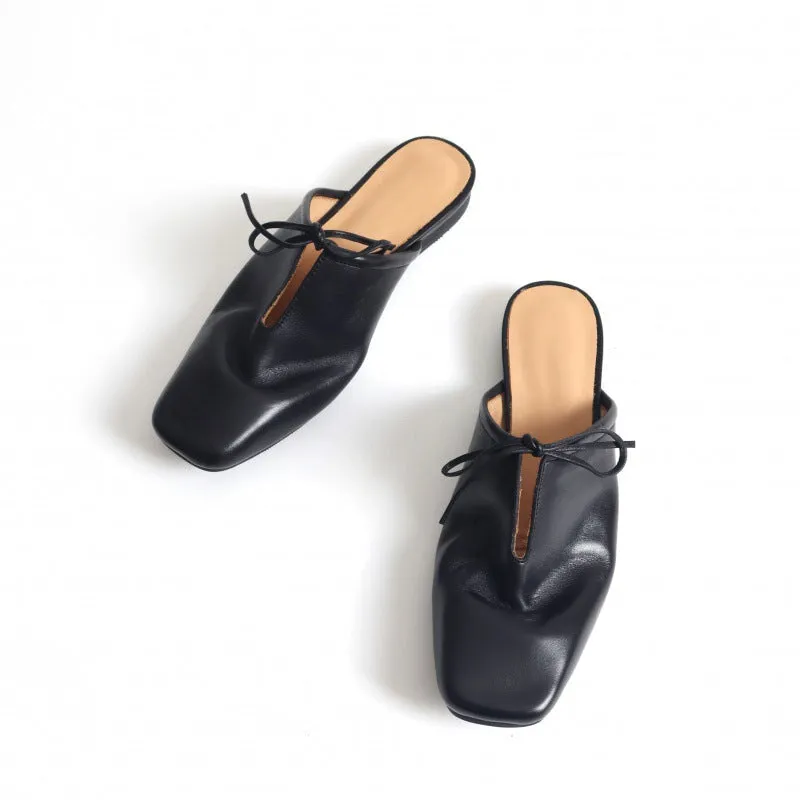 Horse Leather Mules for Women Backless Loafers in Black/Beige