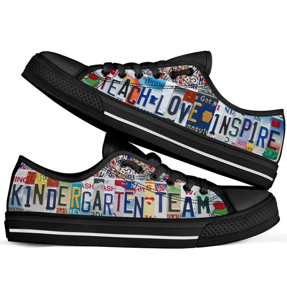 Kindergarten Team License Plates Low Top Black Shoes, Teacher Shoes, Low Top Sneakers