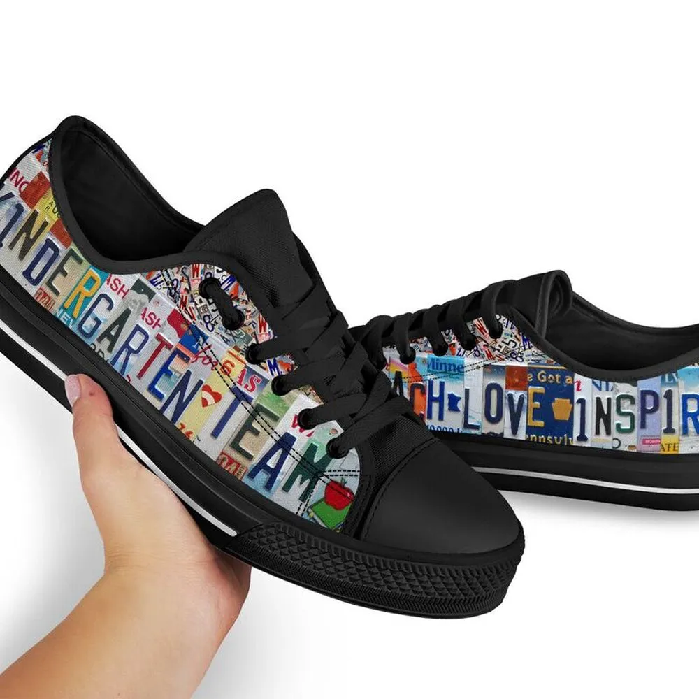 Kindergarten Team License Plates Low Top Black Shoes, Teacher Shoes, Low Top Sneakers