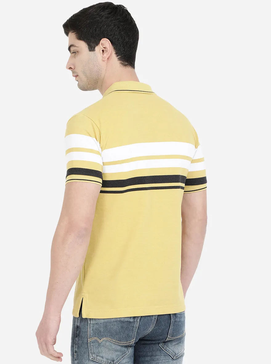 Light Mustard Yellow Striped Slim Fit Polo T-Shirt | Greenfibre