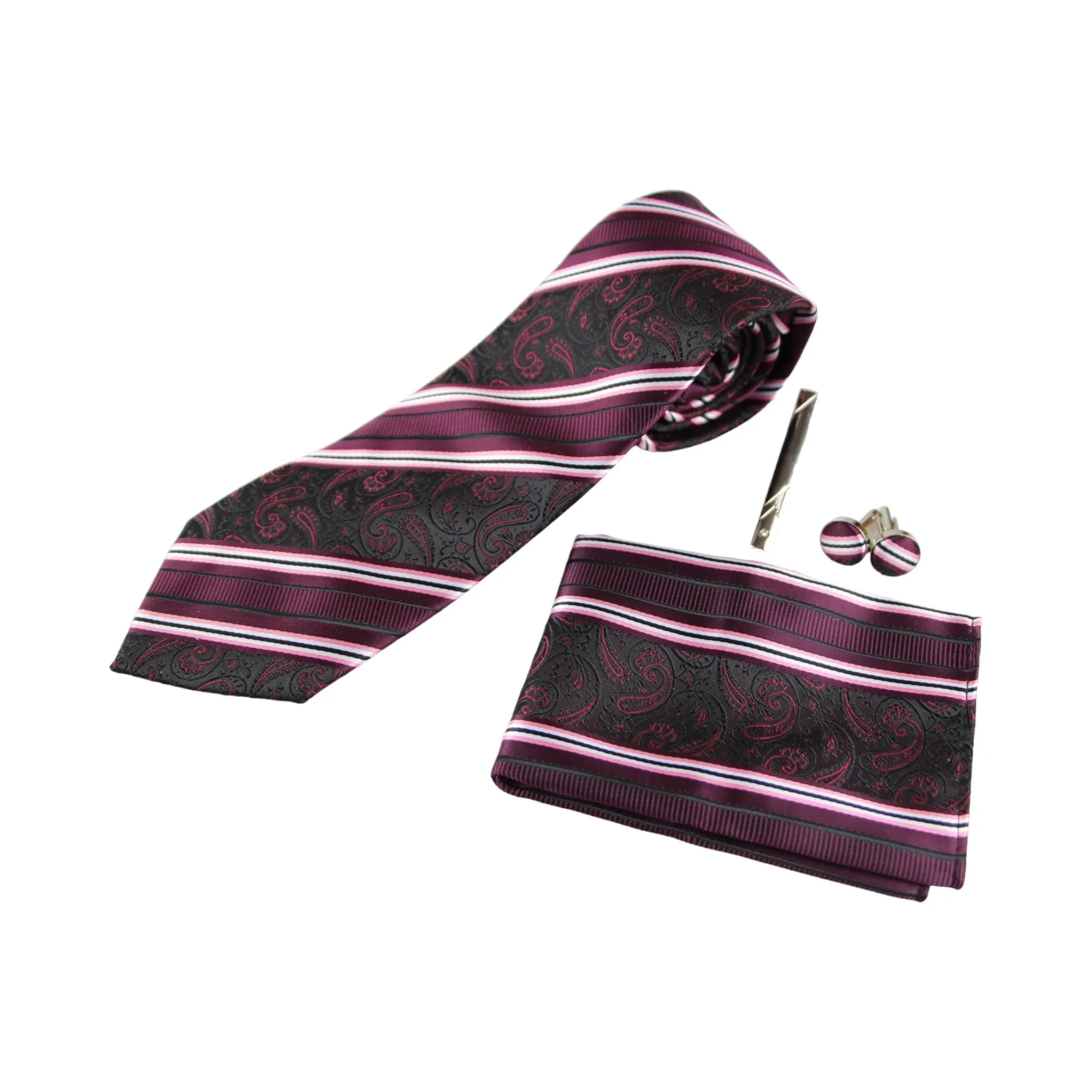 Mens Burgundy Boho Paisley Striped Matching Neck Tie, Pocket Square, Cuff Links And Tie Clip Set