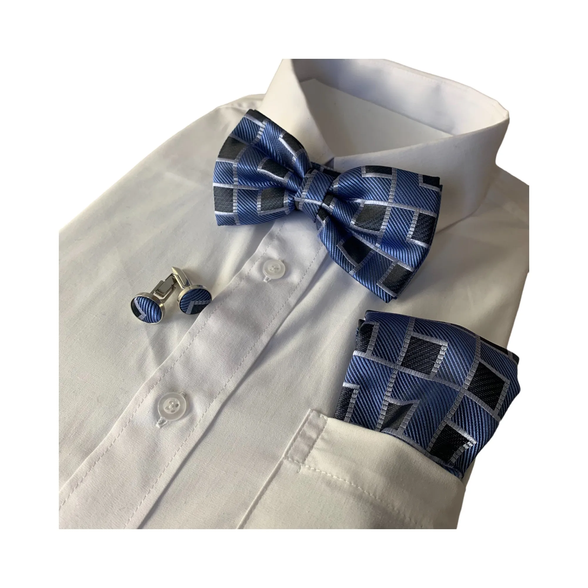 Mens Cornflower Blue Rectilinear Matching Bow Tie, Pocket Square & Cuff Links Set