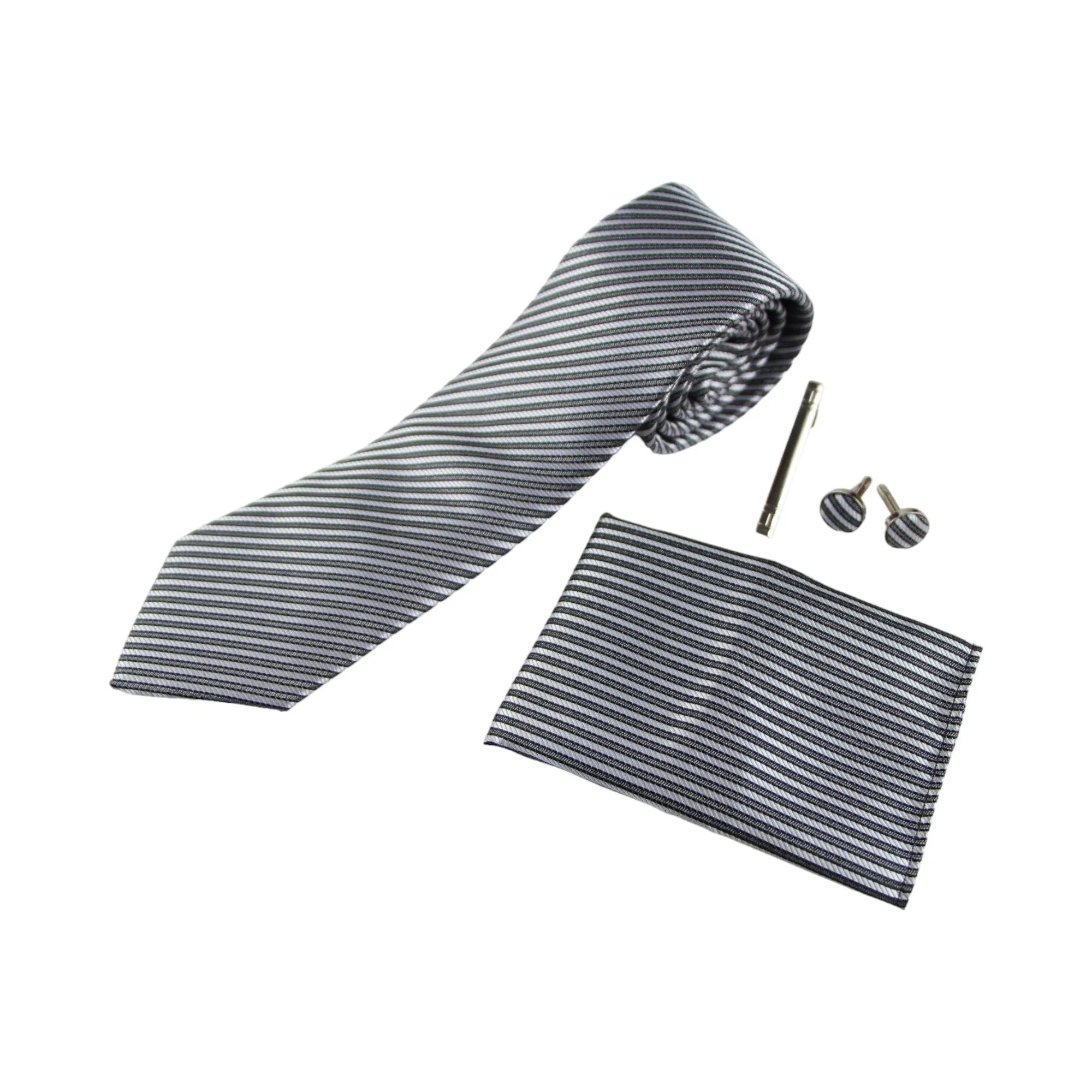 Mens Gunmetal & Silver Striped Matching Neck Tie, Pocket Square, Cuff Links And Tie Clip Set