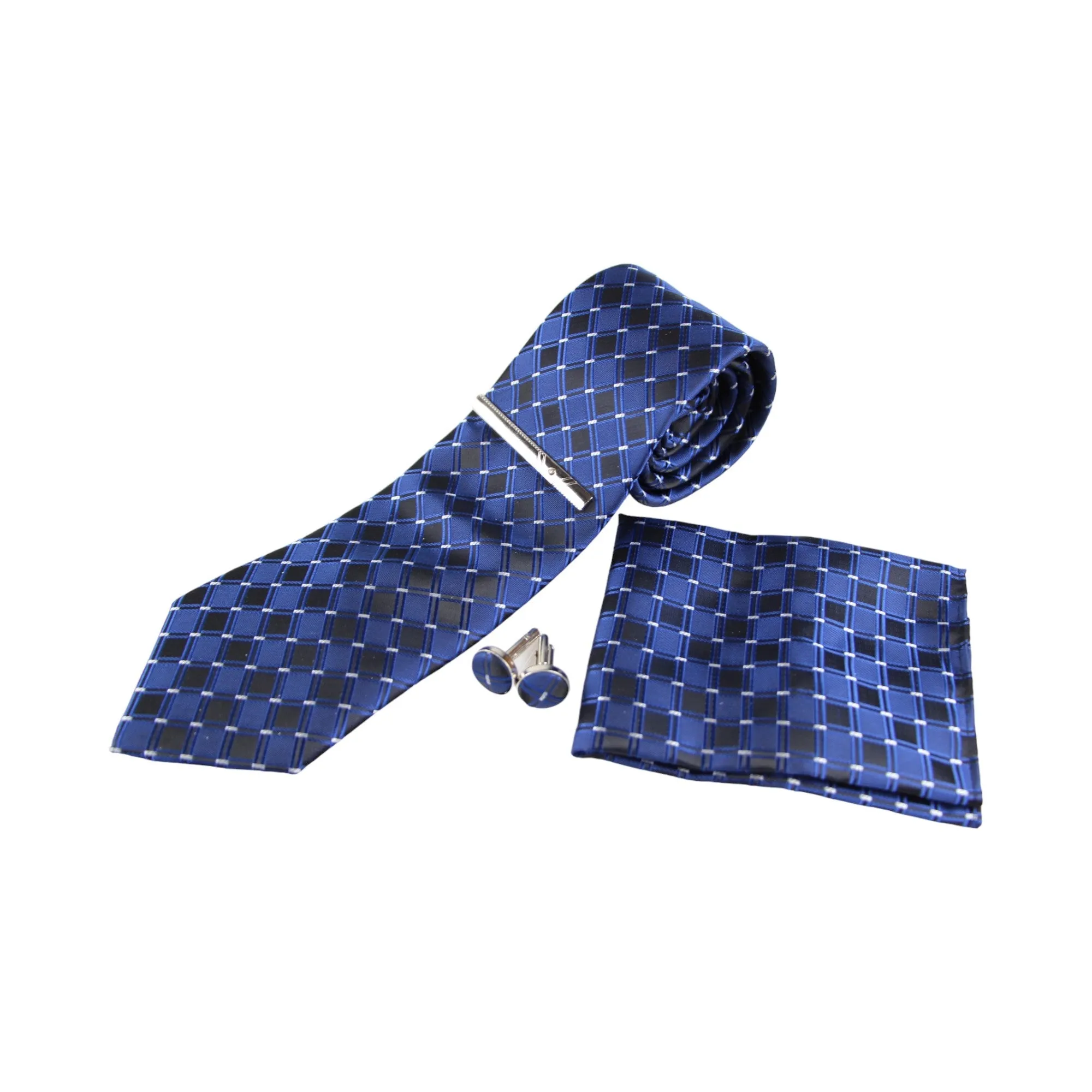 Mens Navy, Black & Silver Diamond Matching Neck Tie, Pocket Square, Cuff Links And Tie Clip Set