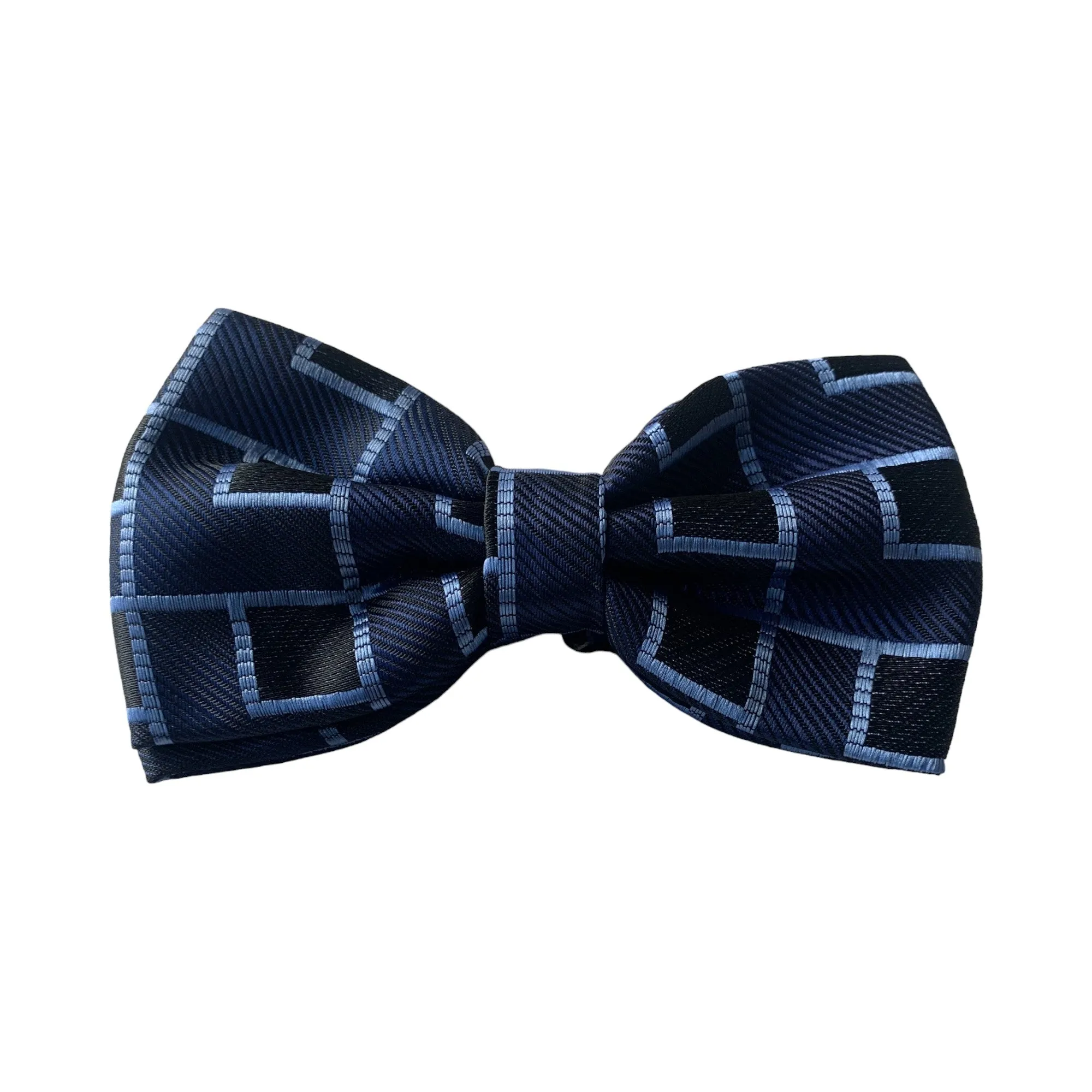 Mens Navy Rectilinear Matching Bow Tie, Pocket Square & Cuff Links Set