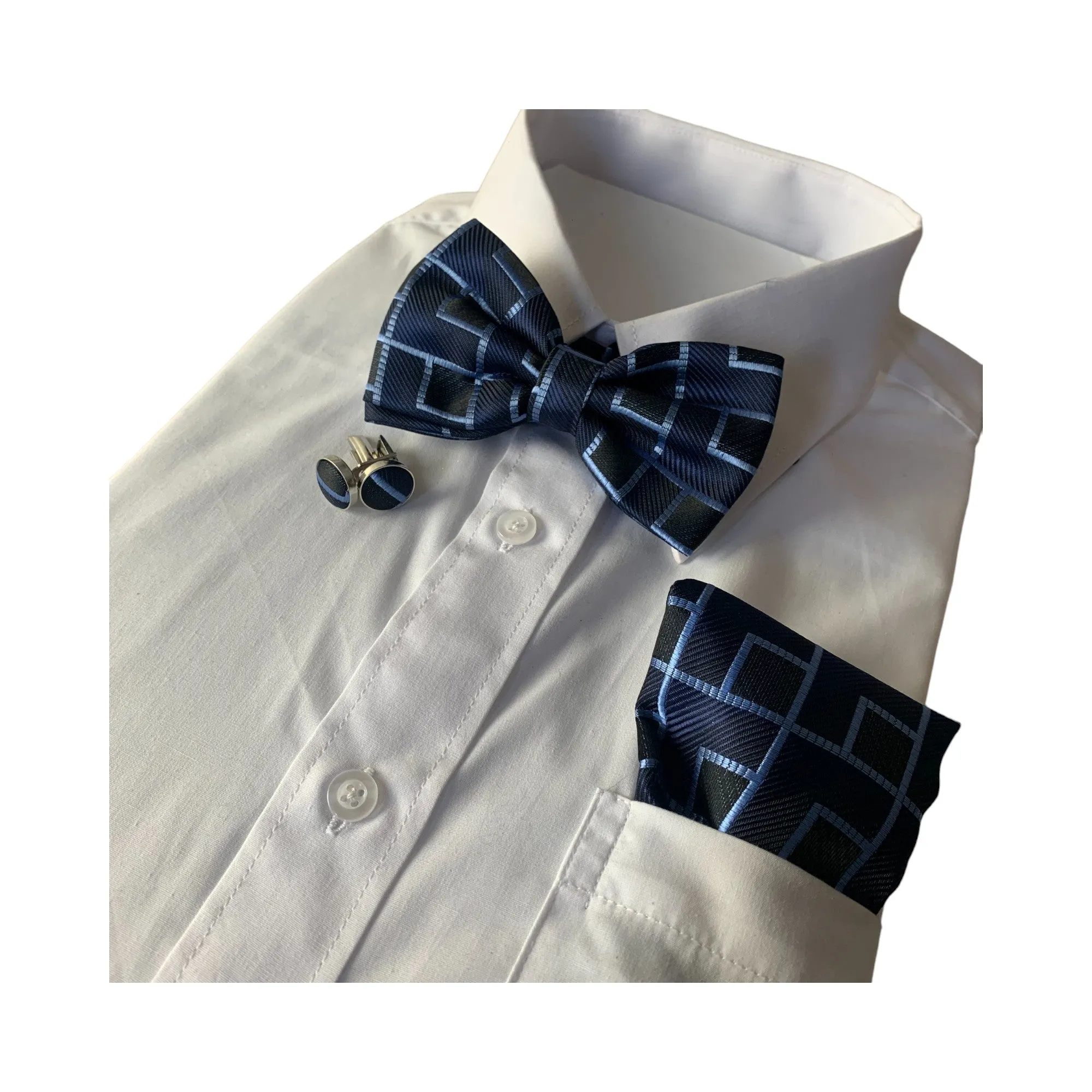 Mens Navy Rectilinear Matching Bow Tie, Pocket Square & Cuff Links Set