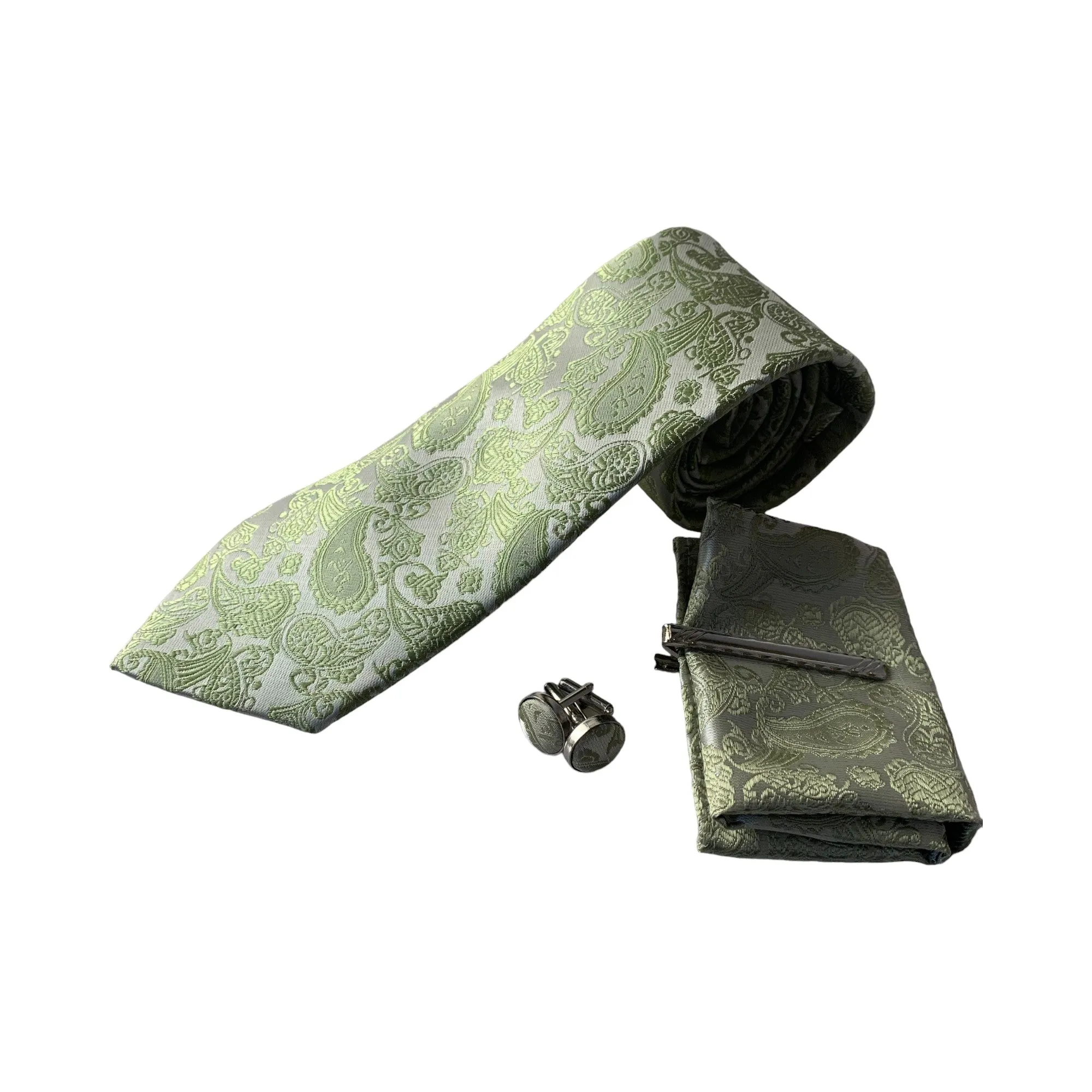 Mens Olive & Silver Boho Paisley Matching Neck Tie, Pocket Square, Cuff Links And Tie Clip Set