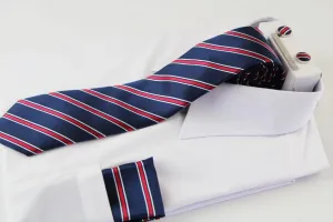 Mens Striped Neck Tie, Pocket Square, Cuff Links & Tie Clip Set