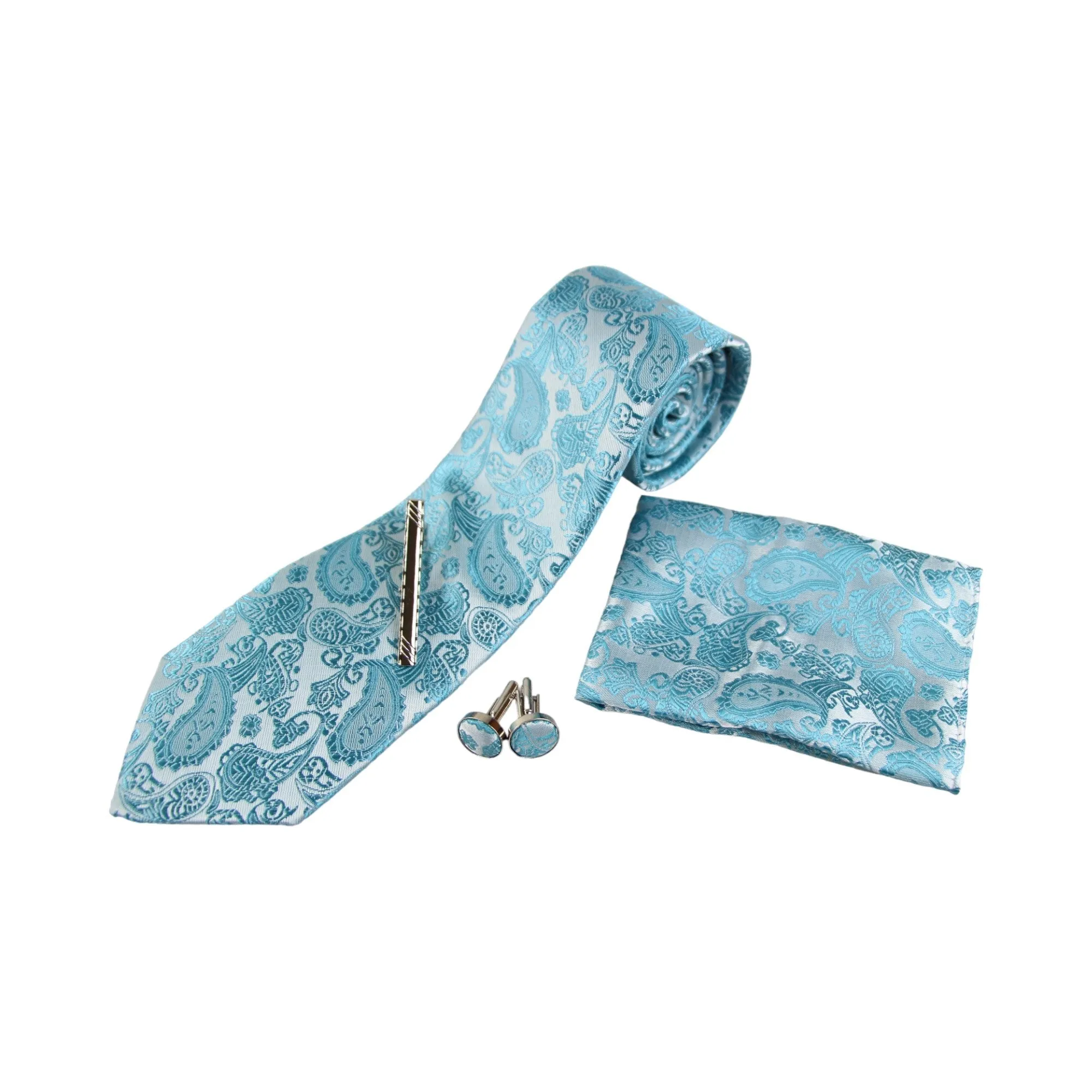 Mens Turquoise & Silver Boho Paisley Matching Neck Tie, Pocket Square, Cuff Links And Tie Clip Set