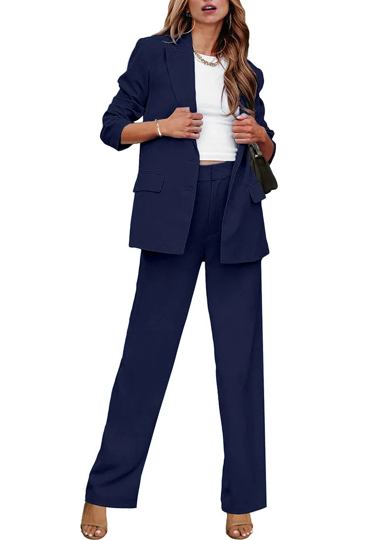 Navy Blue Women's Business Casual 2 Piece Blazer Jacket Straight Leg High Waisted Pants Suits