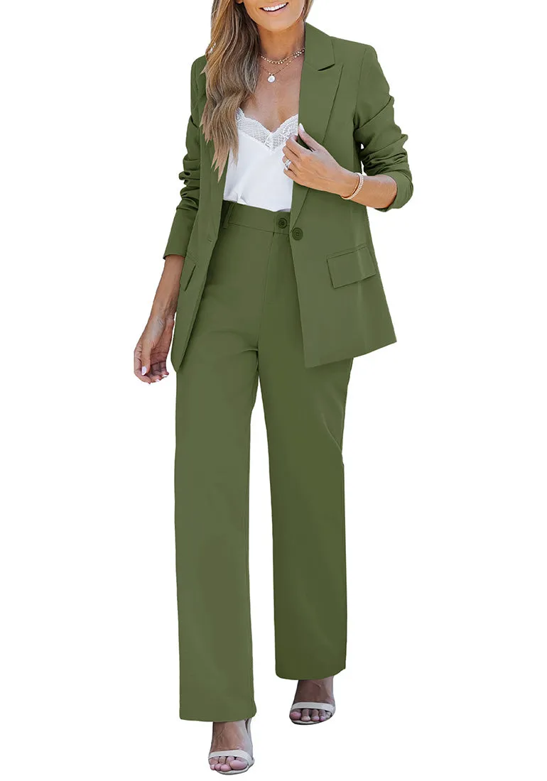 Olive Green Women's Business Casual 2 Piece Blazer Jacket Straight Leg High Waisted Pants Suits