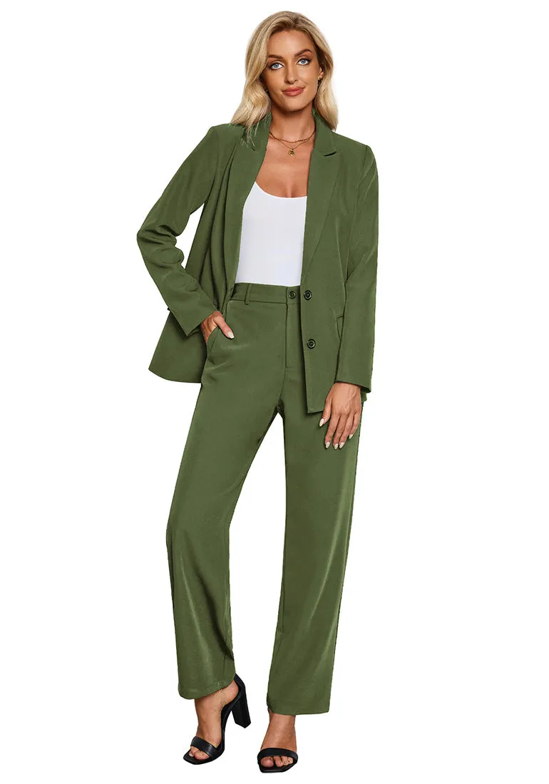 Olive Green Women's Business Casual 2 Piece Blazer Jacket Straight Leg High Waisted Pants Suits