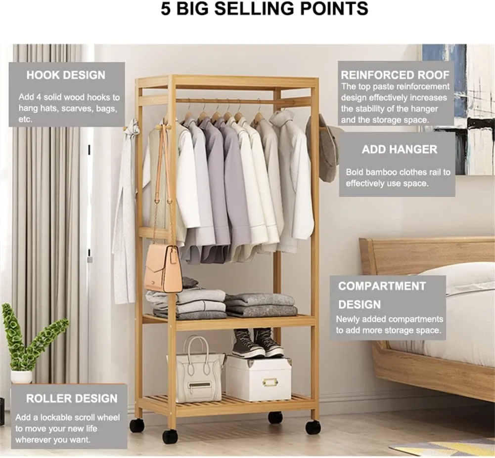 Portable Rolling Bamboo Garment Coat Clothes Rack