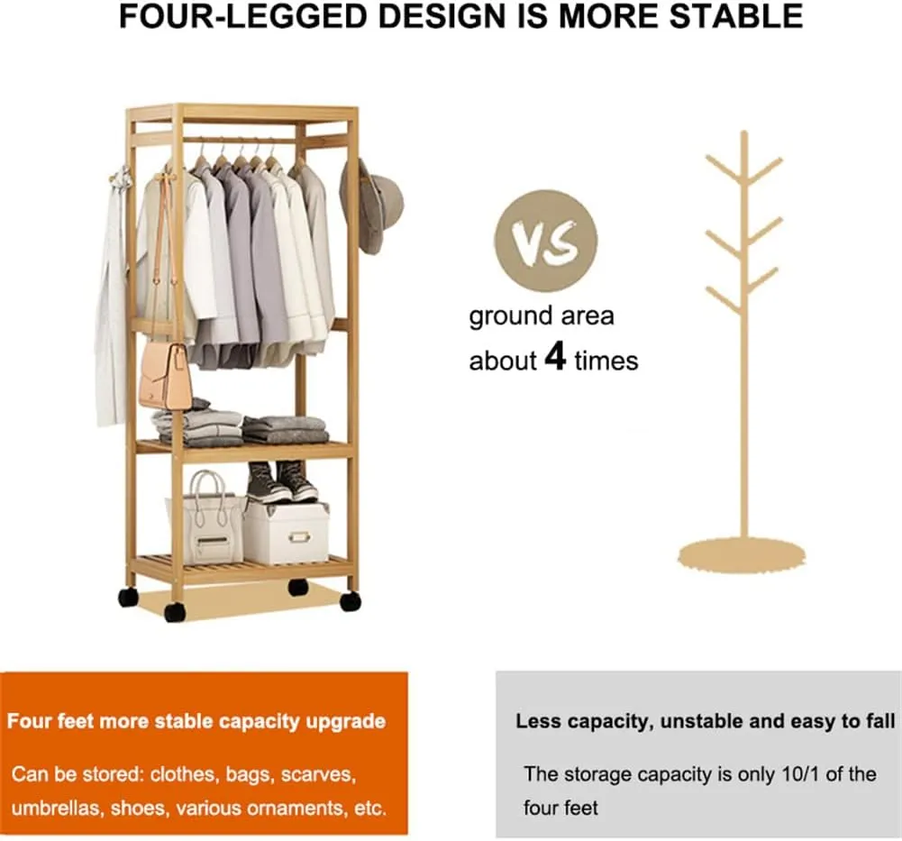 Portable Rolling Bamboo Garment Coat Clothes Rack