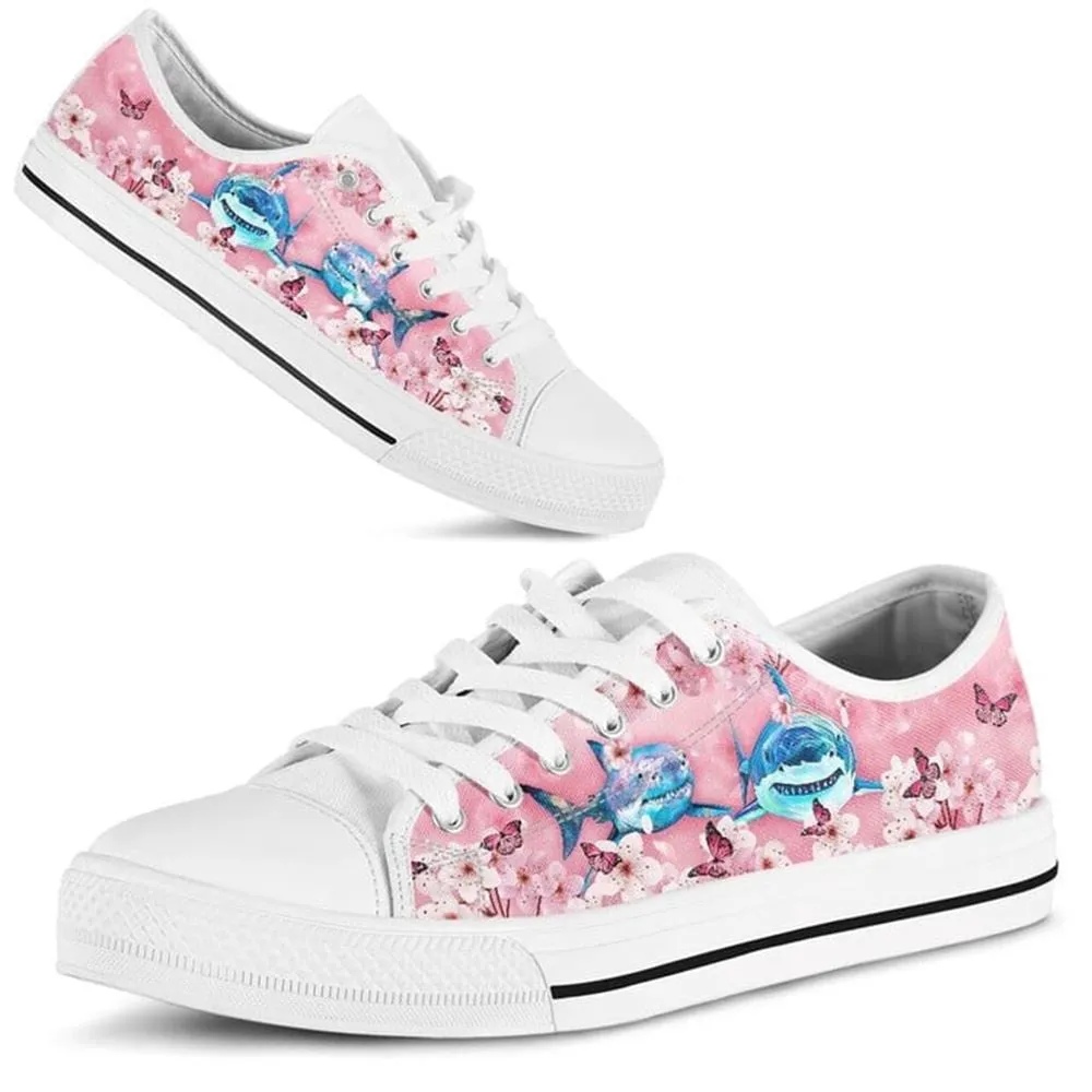 Shark Cherry Blossom Low Top Shoes, Animal Print Canvas Shoes, Print On Canvas Shoes