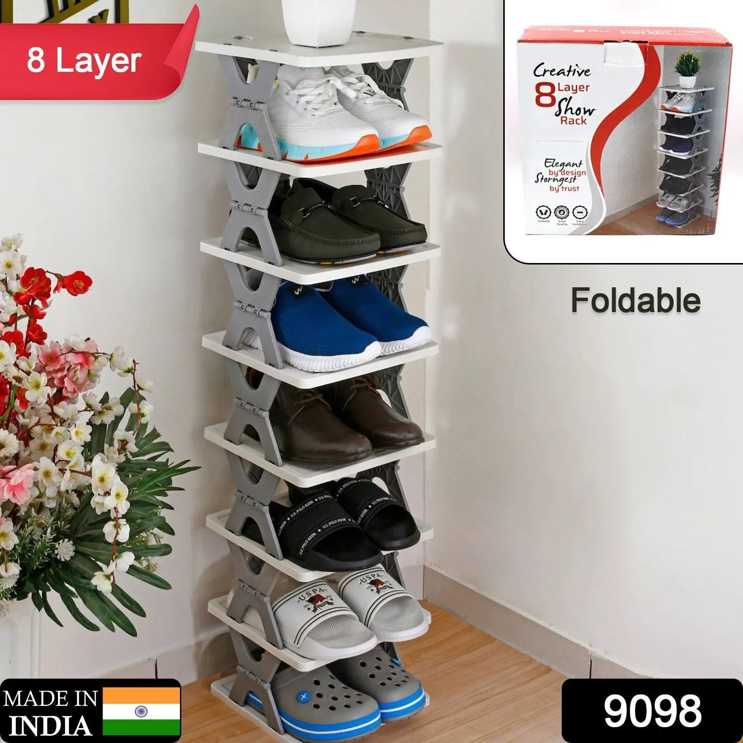 SMART SHOE RACK WITH 8 LAYER SHOES STAND MULTIFUNCTIONAL ENTRYWAY FOLDABLE & COLLAPSIBLE DOOR SHOE RACK FREE STANDING HEAVY DUTY PLASTIC SHOE SHELF STORAGE ORGANIZER NARROW FOOTWEAR HOME