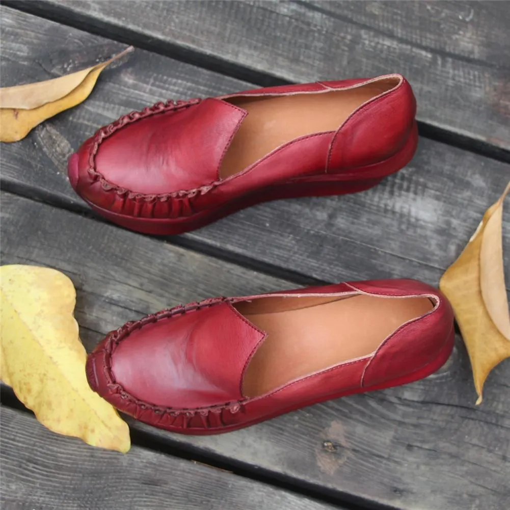 Women Handmade Leather Loafers,Retro Slip Ons  Red Platforms