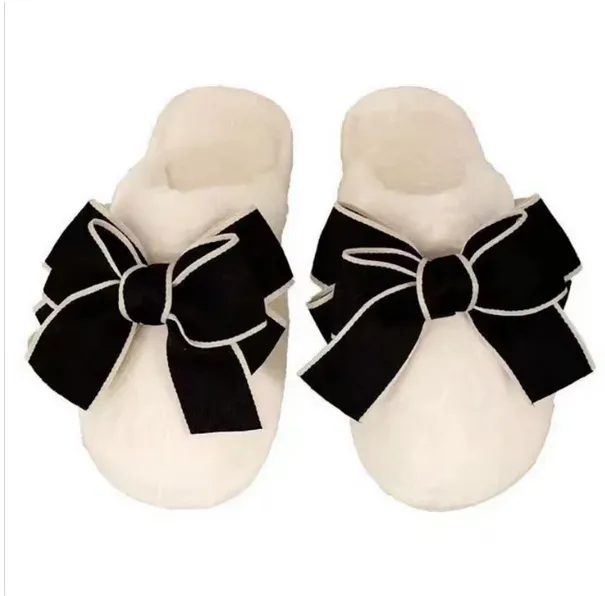 Women's Fur Slippers with Large Silky Bow