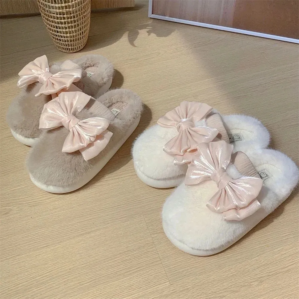 Women's Fur Slippers with Large Silky Bow