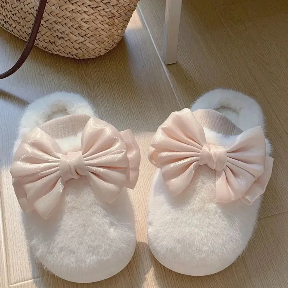 Women's Fur Slippers with Large Silky Bow