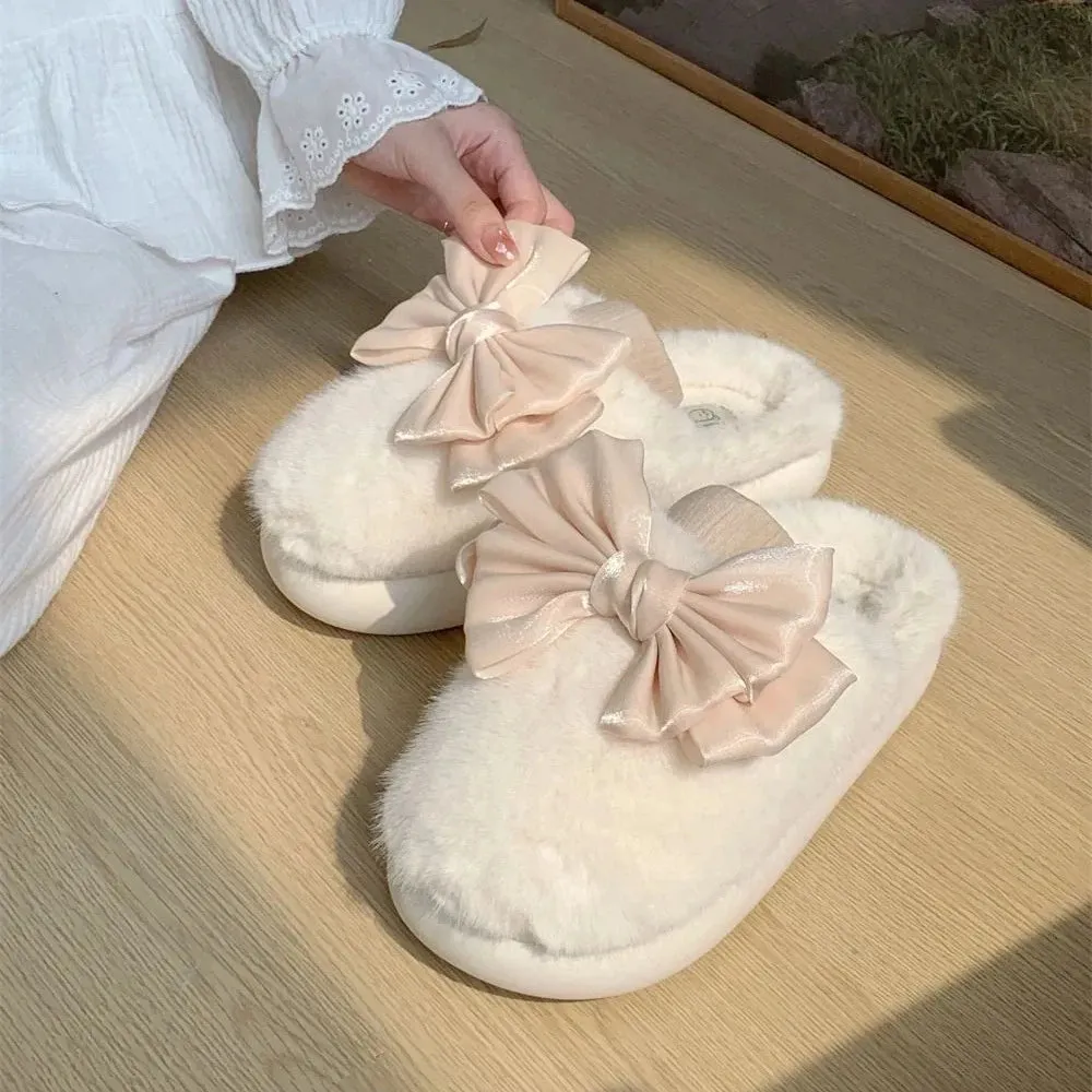 Women's Fur Slippers with Large Silky Bow