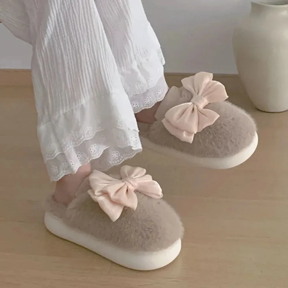 Women's Fur Slippers with Large Silky Bow