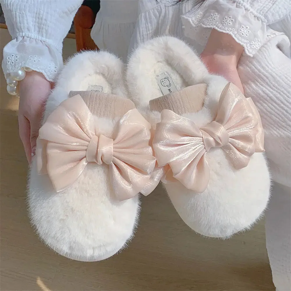 Women's Fur Slippers with Large Silky Bow