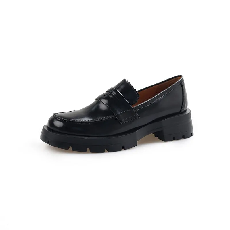 Womens leather Penny Loafers Retro Brush off 45mm Platform in Black/Brown